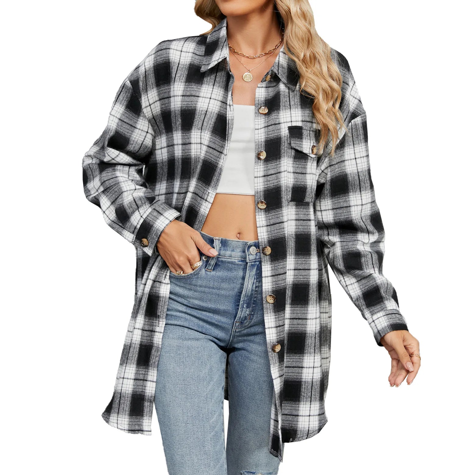 Women's Casual Plaid Button Up Blouse Long Sleeve Turn Down Collar Shacket Plus Size Loose Fit Streetwear Top