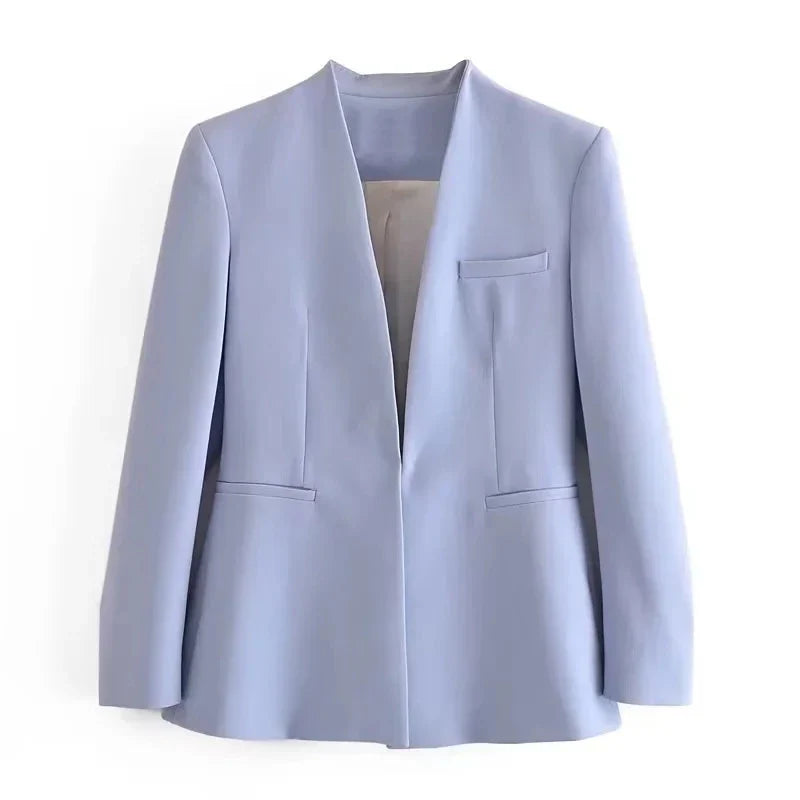 Light Blue Blazer Suit Set for Women with V Neck Loose Jacket and High Waist Sashed Pants Fashionable Autumn Outfit