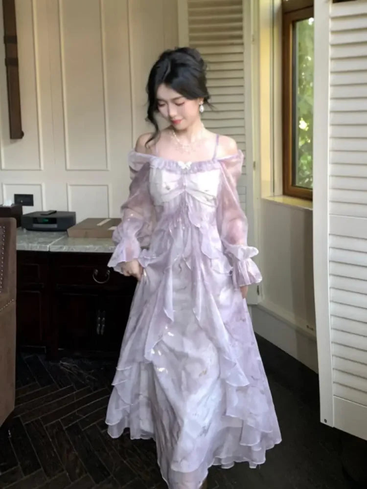 Off Shoulder Dress Ruffle A Line Long French Print