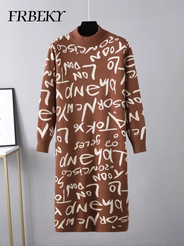 Vintage Knit Sweater Dress With Graffiti Letter Print