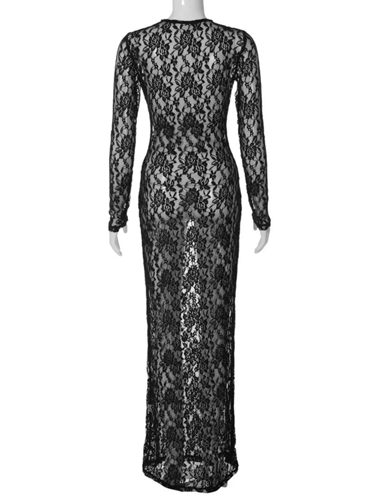 Floral Print Sheer Maxi Dress Long Sleeve Bodycon Evening