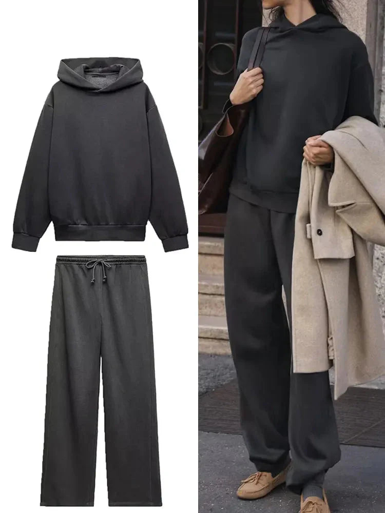 Women's Fleece Coat and Pant Set with Long Sleeve Hooded Sweatshirt and Casual Drawstring Trousers for Office and Everyday Wear