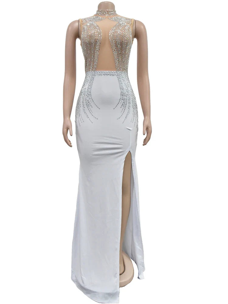 Crystal Mesh Maxi Dress High Split Sleeveless Bodycon
