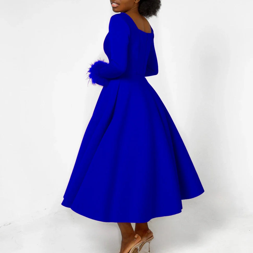 Square Neck Party Dress Women Pleated A Line Mid Calf