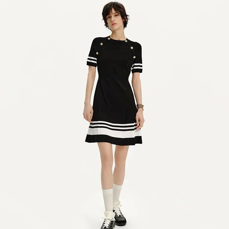Women Short Sleeve Knit Dress Contrast Fit Flare Summer