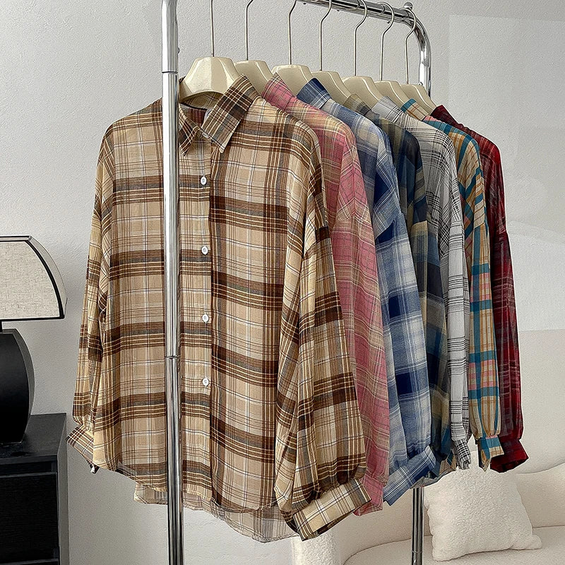 Breezy Oversized Plaid Shirt for Women Long Sleeve Collared Button-Down Blouse Casual Spring Summer Boyfriend Style Top