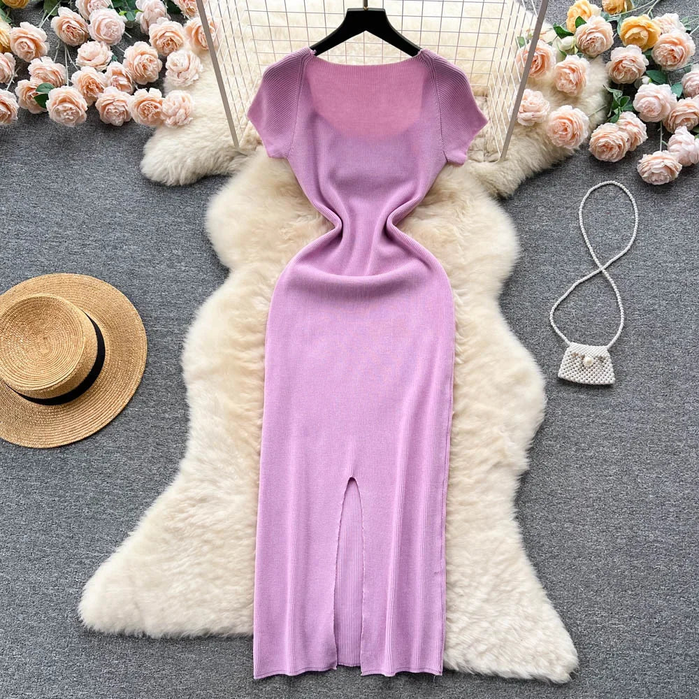 Sexy Summer Knit Dress Elastic Waist Bodycon Sundress