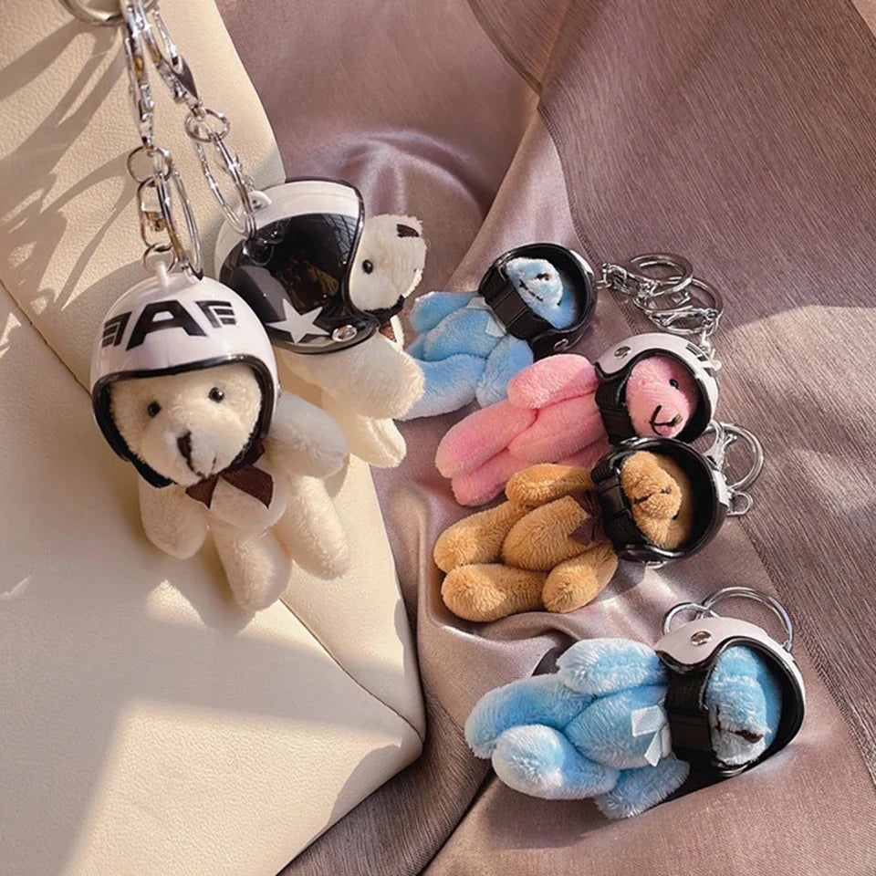Helmeted Bear Charm Keychain Plush Ornament for Bags and Backpacks