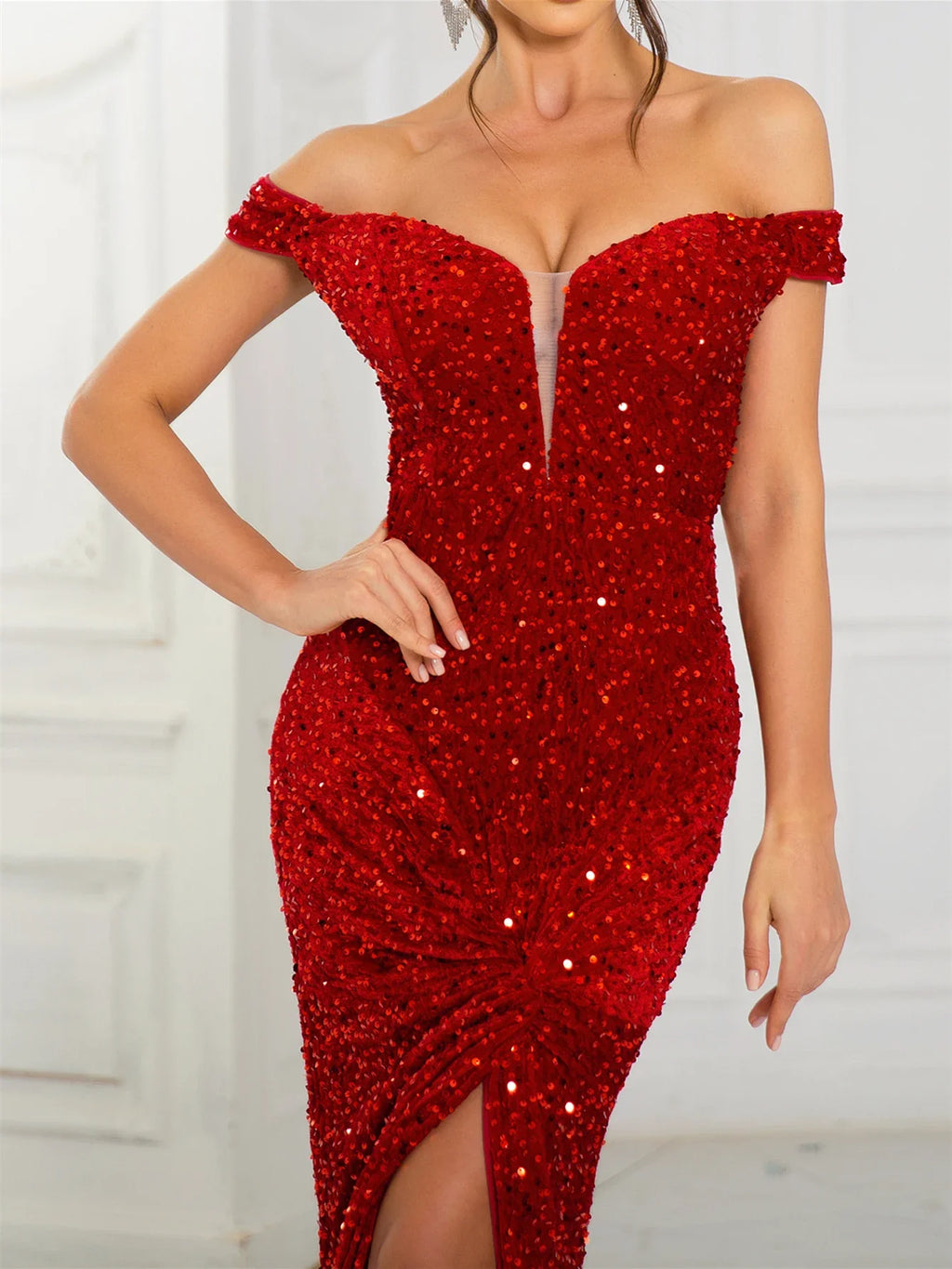 Slash Neck Sequin Maxi Dress Off Shoulder Ruched Gown