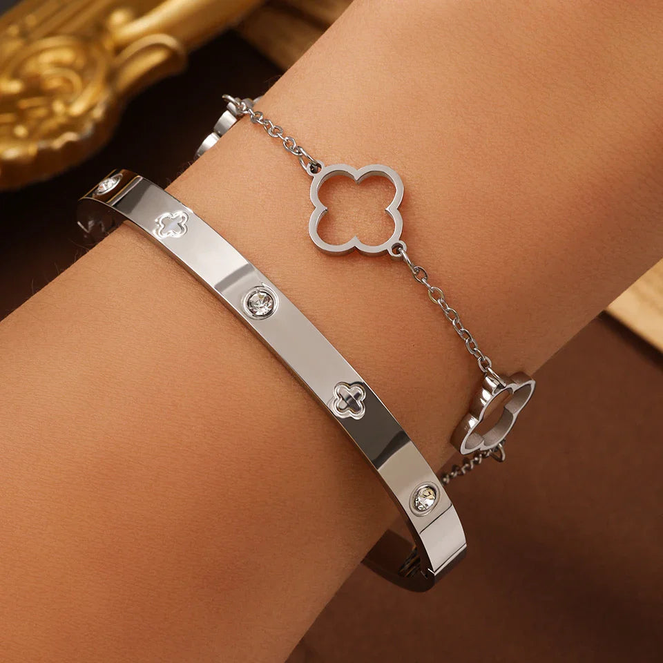 3PCS Lucky Clover Women's Bracelet Set High Quality Stainless Steel Charm Jewelry Gift