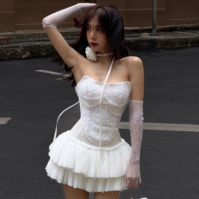 Solid Pearl Embellished Two Piece Set Sleeveless Floral Slim Fit Vest with Pleated Mini Skirt Summer Women's Fashion Ensemble