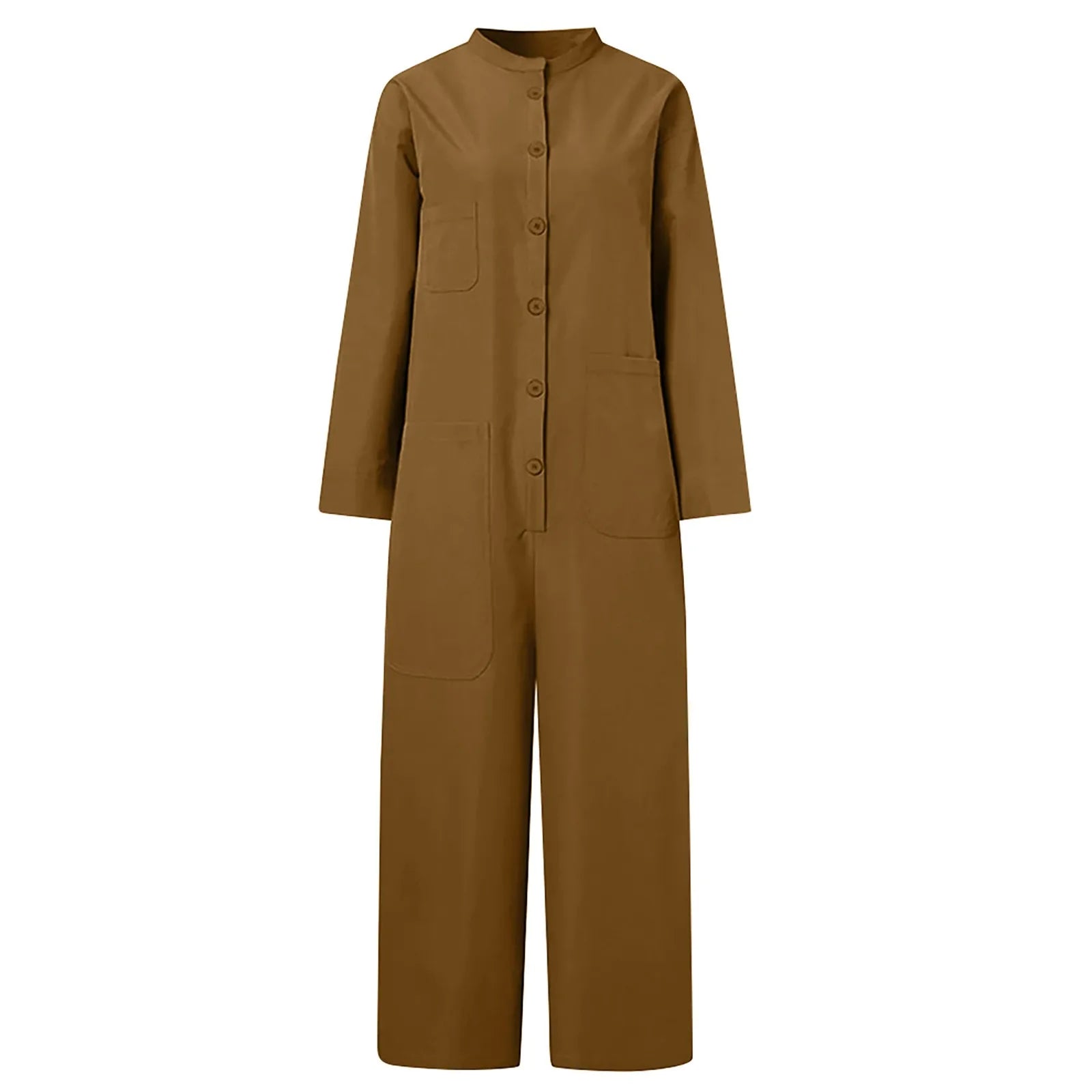 Women Oversized Casual Jumpsuit with Pockets Loose Fit Long Sleeve Romper Solid Color Stand Collar Overalls for Autumn