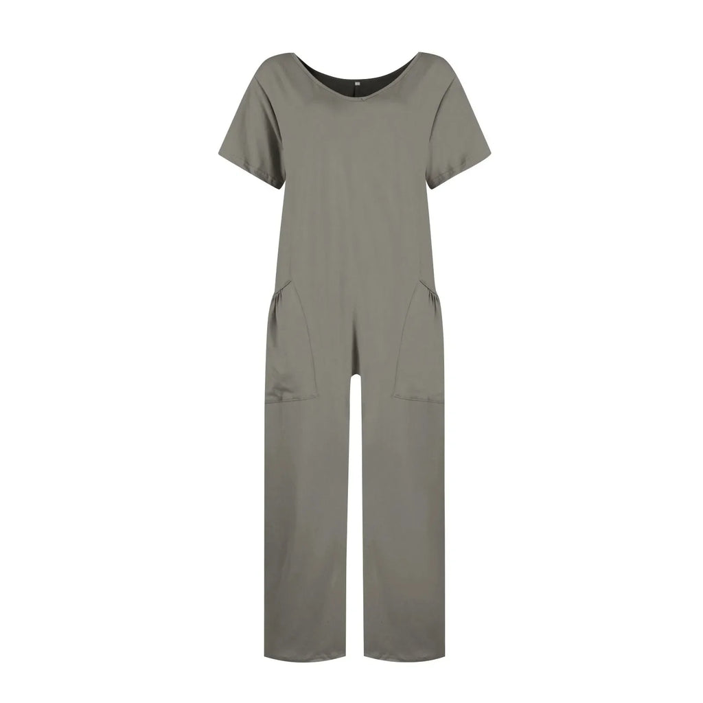 Women's Casual Short Sleeve Pullover Jumpsuit Loose Fit with Pockets Comfortable Lightweight Bodysuit Trendy Summer Romper