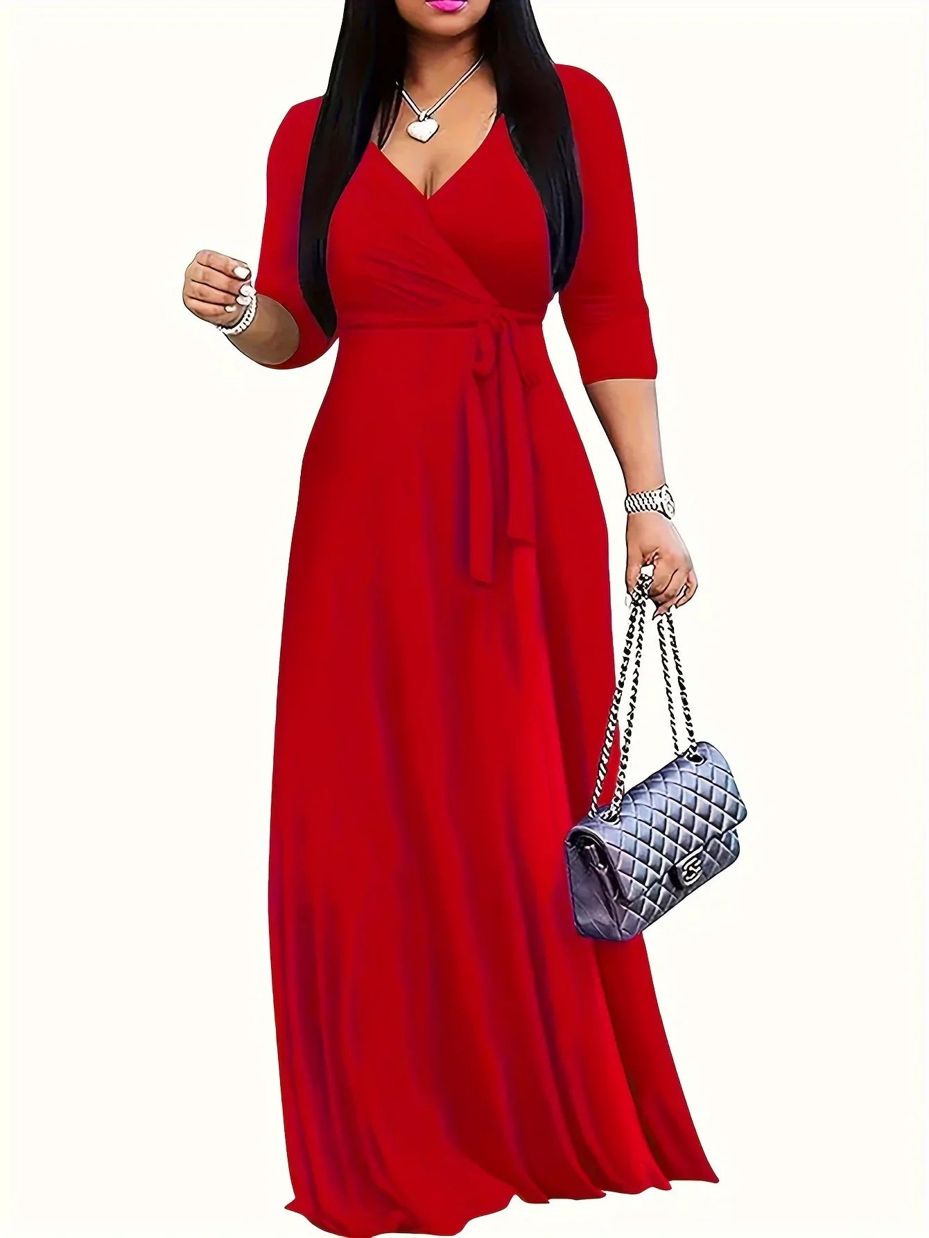 Bohemian Floral Maxi Dress With V Neck Three Quarter Sleeves