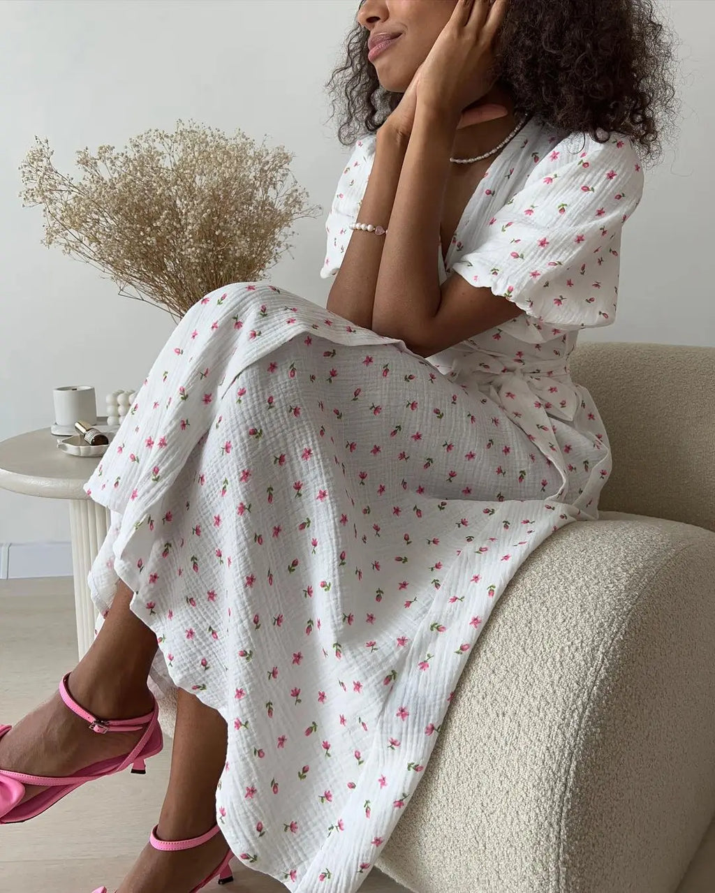 Cotton Lace Up Summer Dress For Women V Neck Casual Office