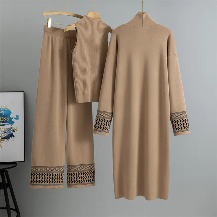 Casual Knitted Three-Piece Set for Women with Cardigan Sweater Vest and Wide Leg Pants