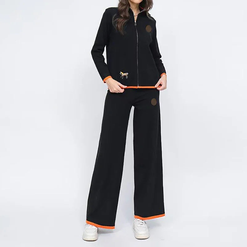 Autumn Embroidery Women Two-Piece Knit Set with Stand Collar Cardigan Sweater and High Waist Straight Pants