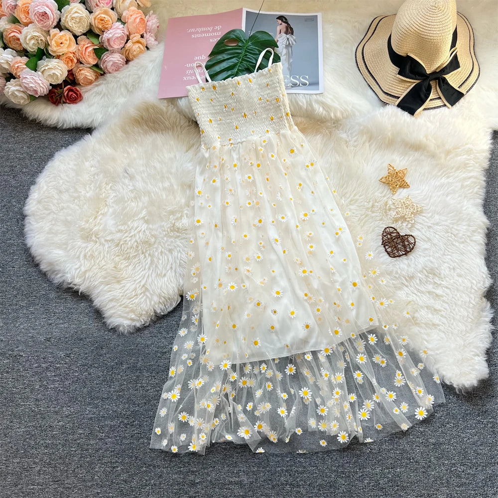 Floral Daisy Print Mesh Long Dress for Summer Vacation