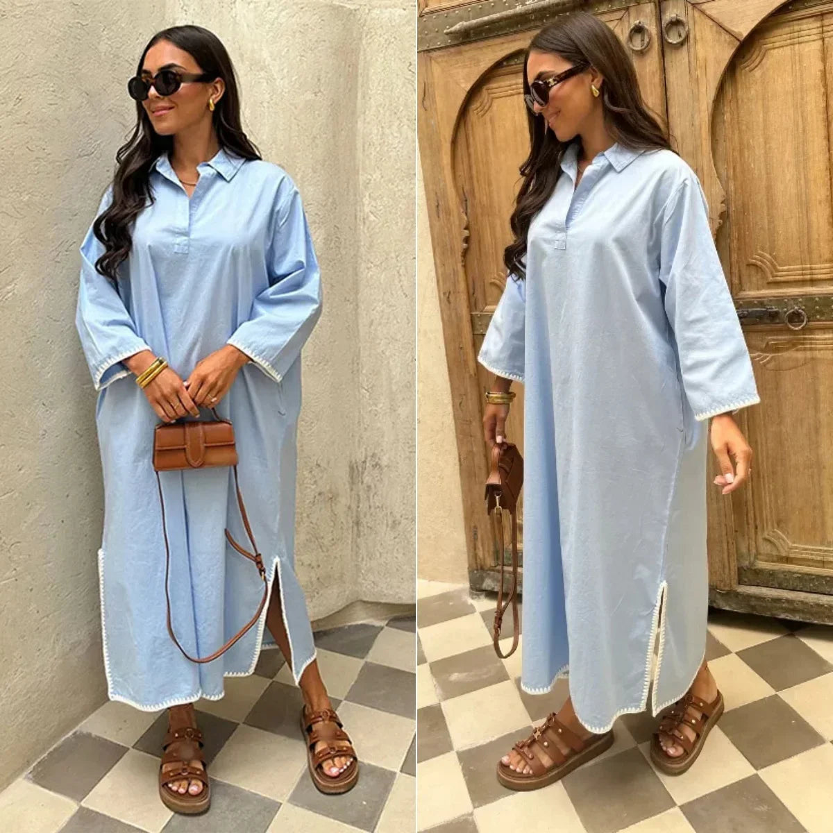 Green Embroidery Shirt Dress With Cuffed Sleeves Split Hem