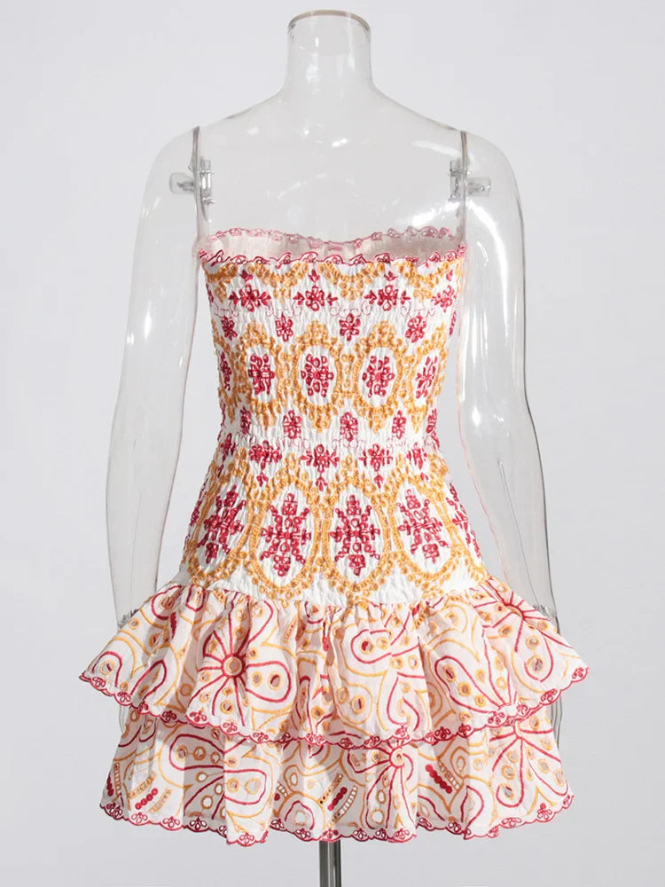 Embroidery Print Strapless Mini Dress Ruffled High Waist
