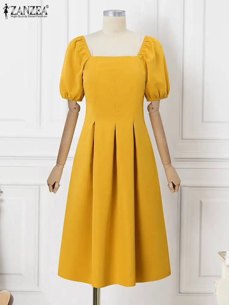 Korean Elegant Puff Sleeve A Line Dress Square Neckline