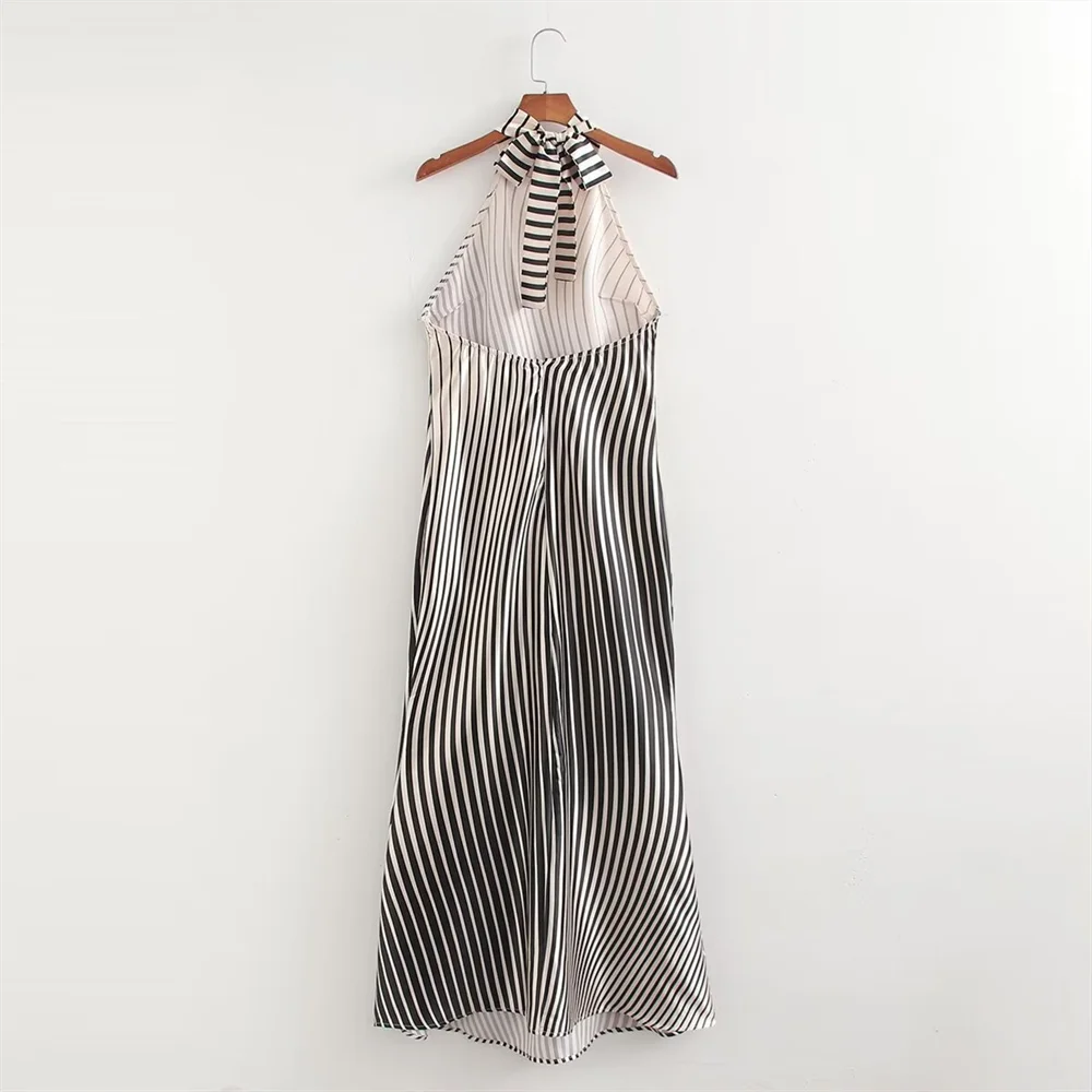 Women Gradient Stripe Dress Hanging Neck Slim Fit Summer