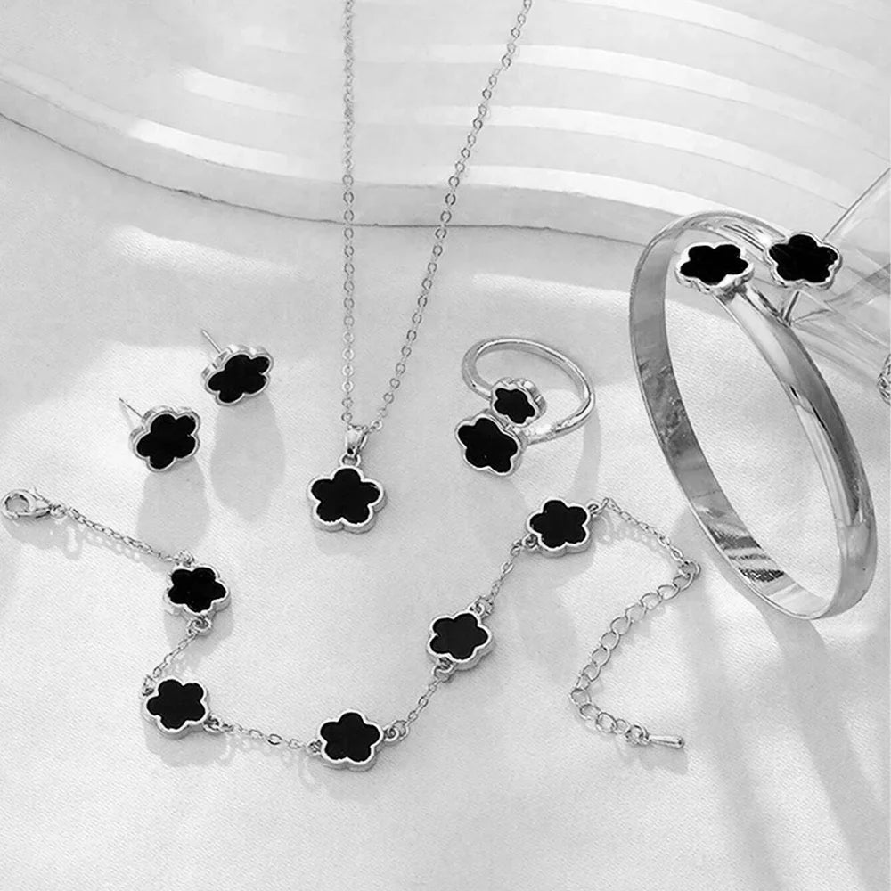 5pcs Women's Flower Jewelry Set with Bracelet Necklace Earrings and Ring