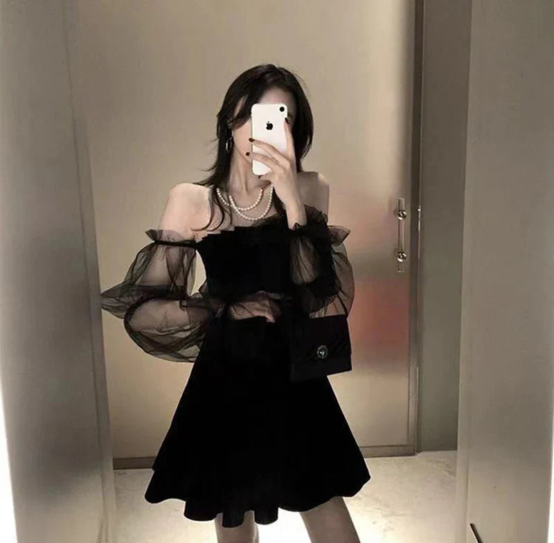 Black Tulle Off Shoulder Mini Dress Korean Style Chic