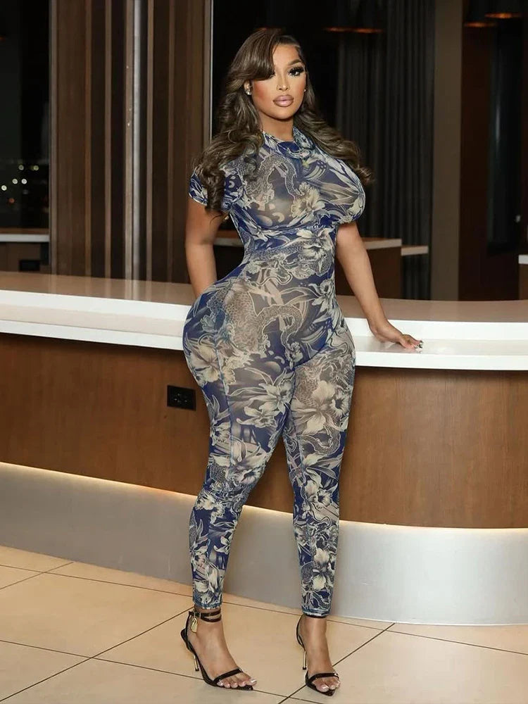 See Through Backless Dragon Print Jumpsuit for Women Short Sleeve Slim Stretch Fitness Workout Overalls Clubwear