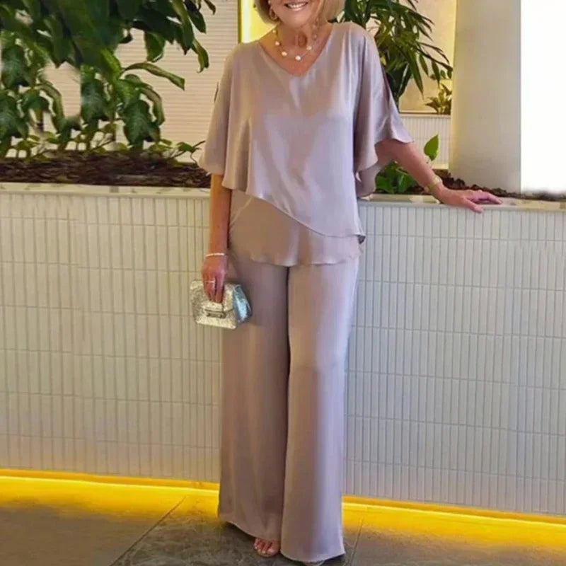 Elegant Summer Women's Two-Piece Set Solid Color V-Neck Irregular Top with High Waist Wide Leg Pants Matching Outfit