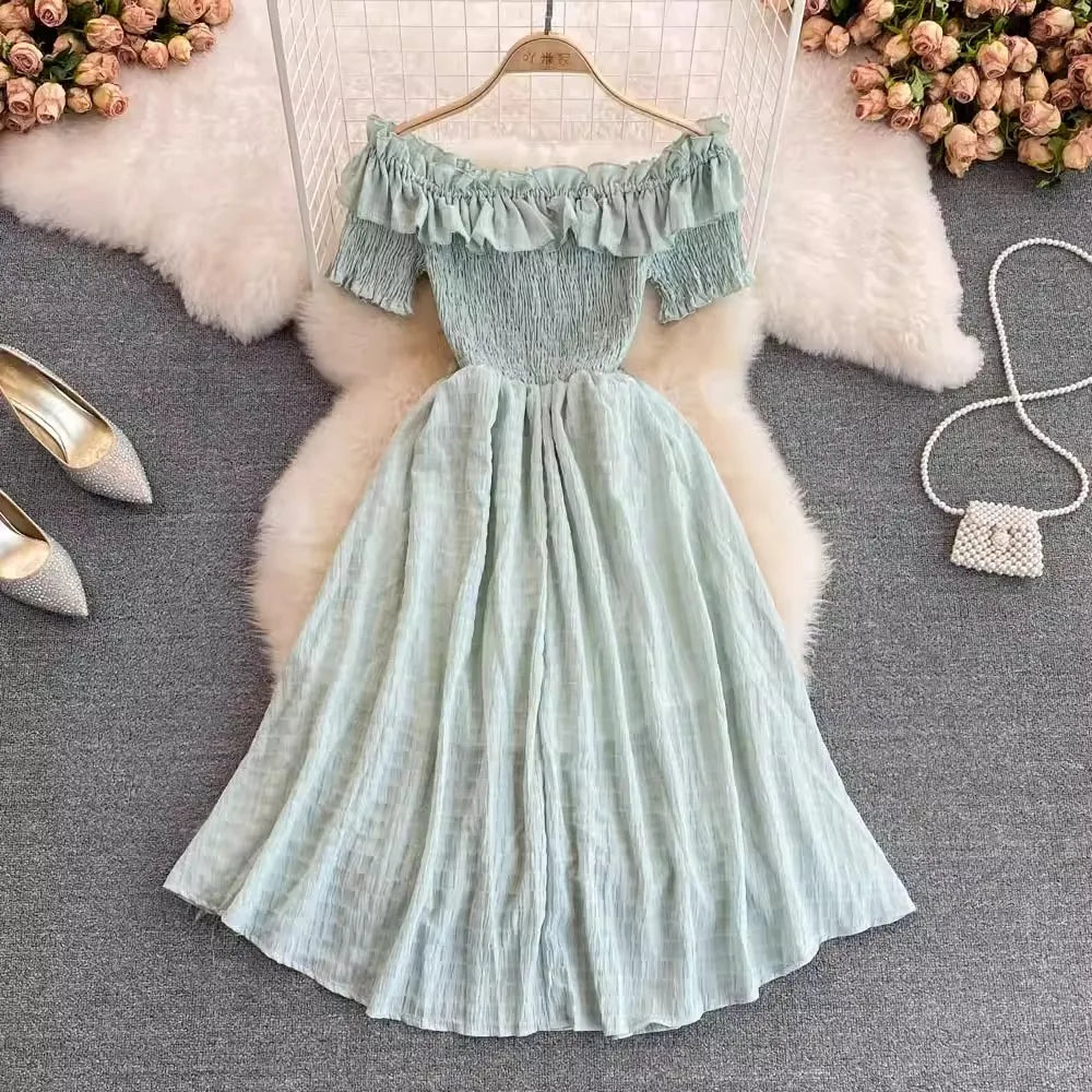 Ruffled Off Shoulder Dress Chiffon Beach Summer Fashion