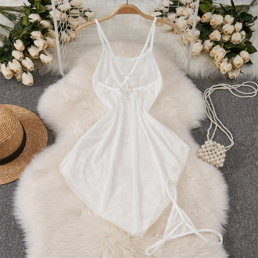 Backless Mesh Nightgown With Cross Strap Nightdress