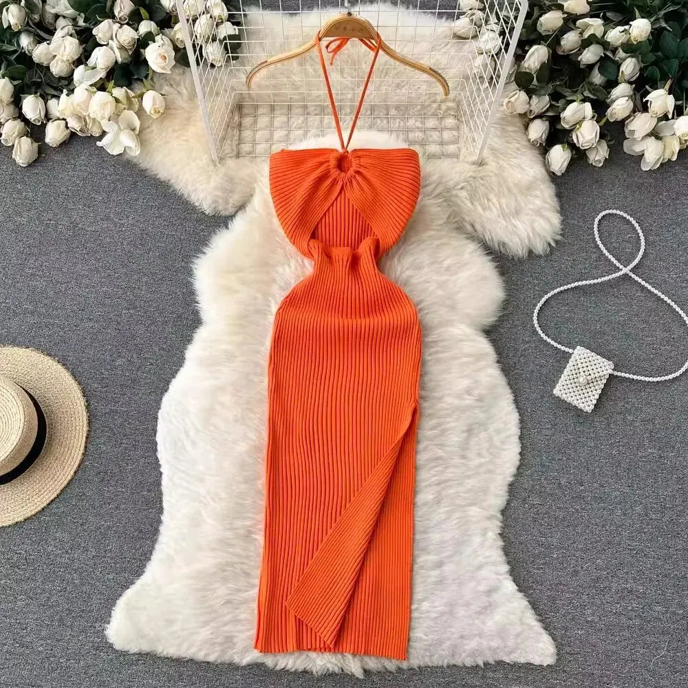 Sexy Knitted Bodycon Dress Women Split Design Party