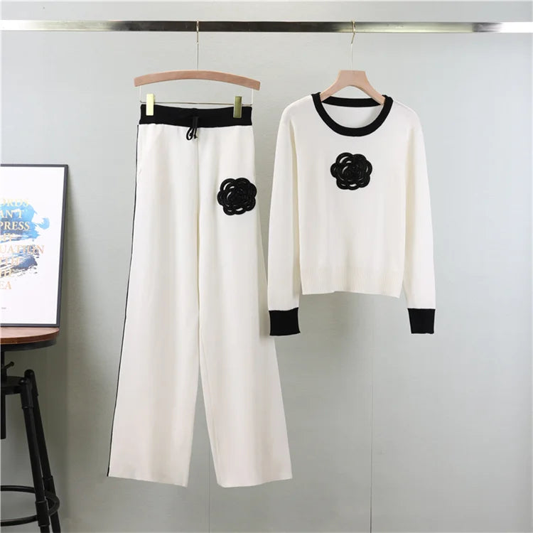 Knitted Loose Women Pant Suit Set with O Neck Pullover and Wide Leg High Waist Pants