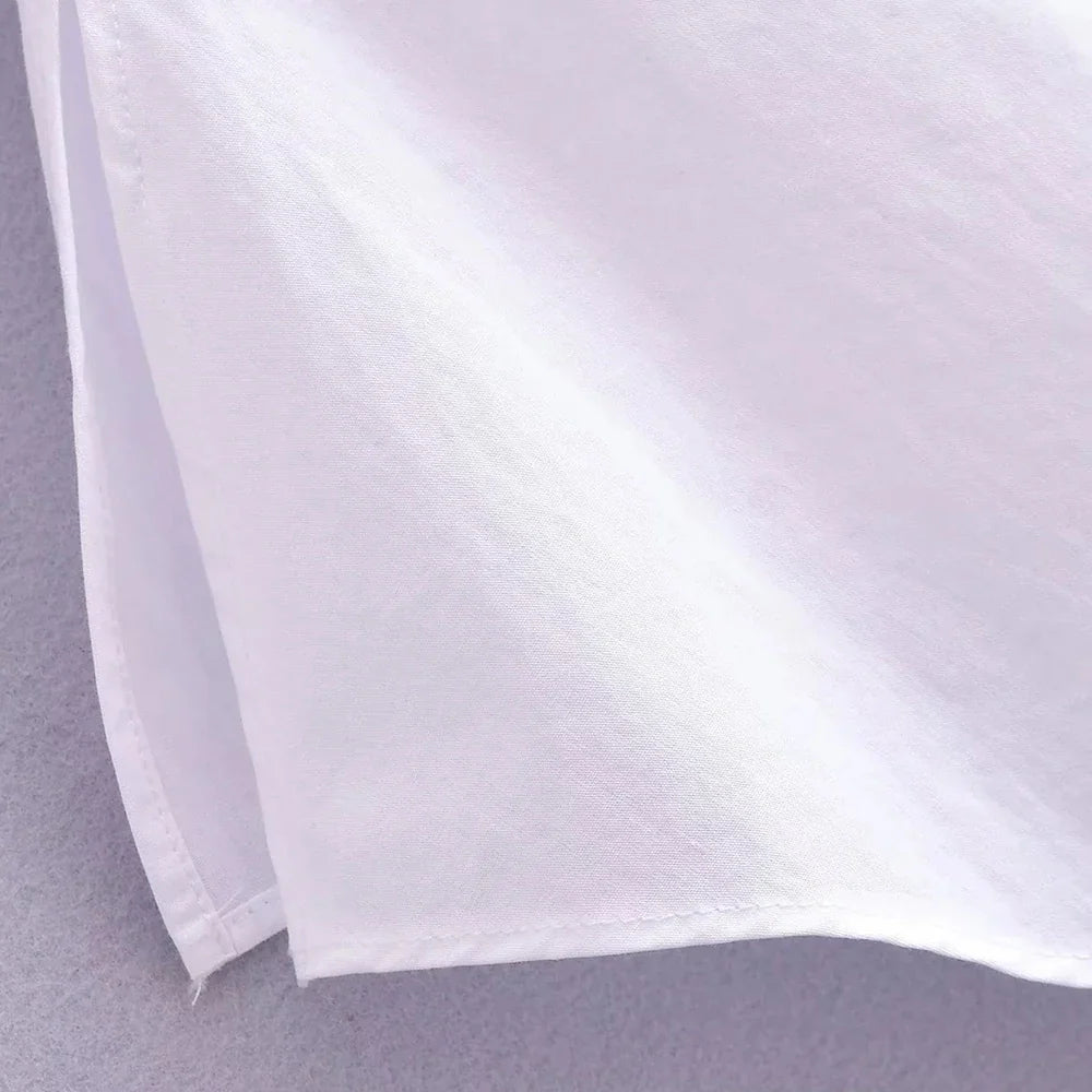 Asymmetric Poplin Shirt for Women with Front Knot Ties Short Sleeve Button-Up Chic Blouse Top