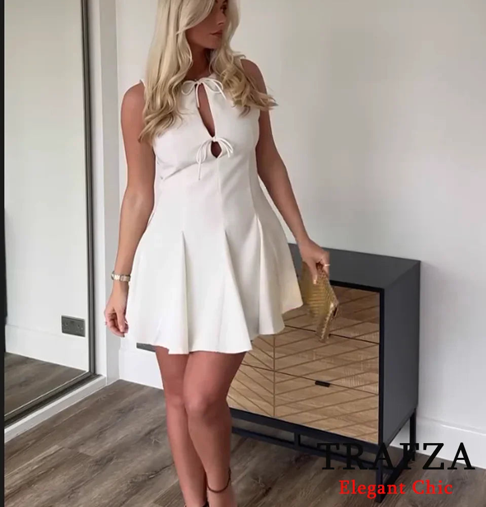 Sexy Bow Pleated Sleeveless Mini Dress For Summer Women