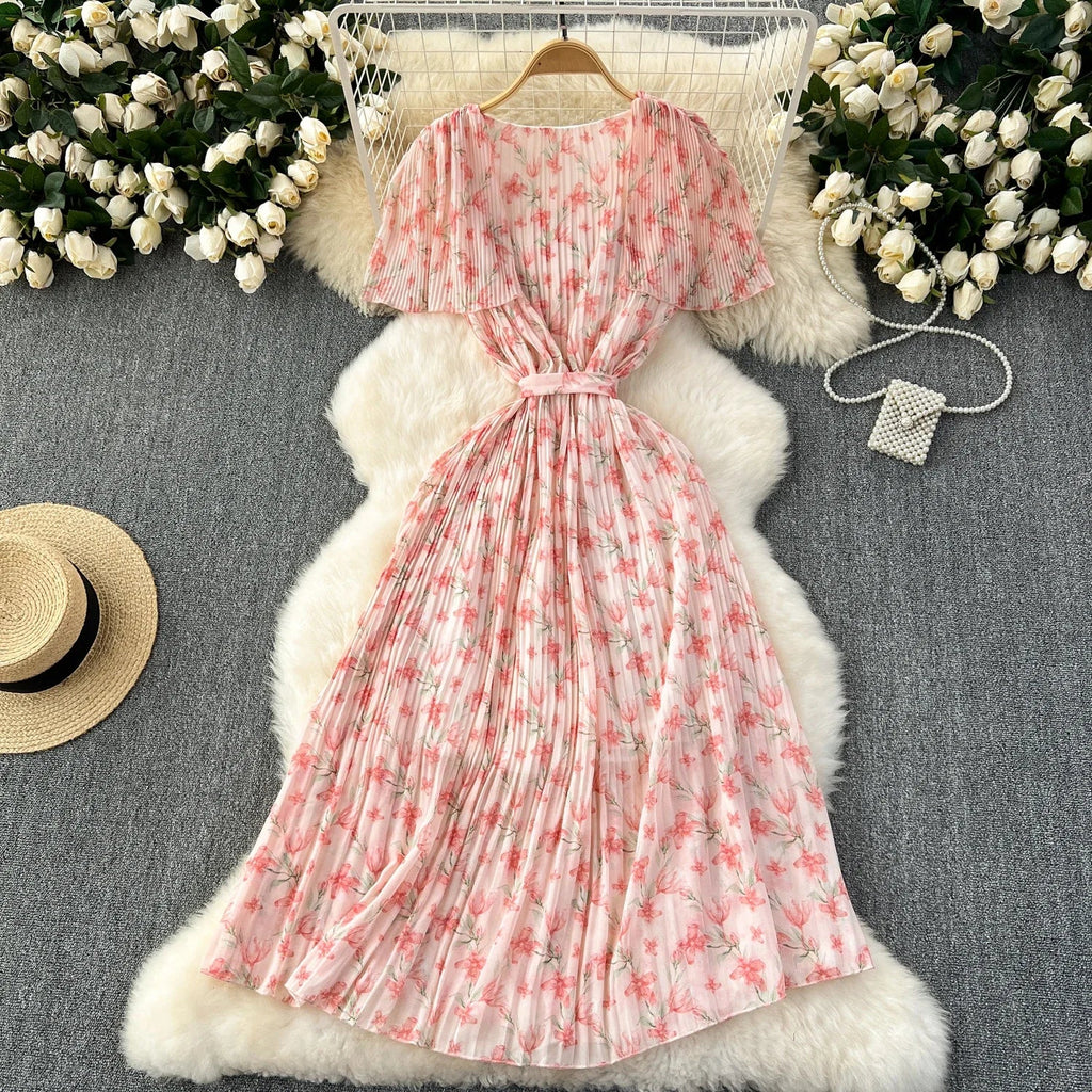 Retro Floral Chiffon Midi Dress With Ruffle Details