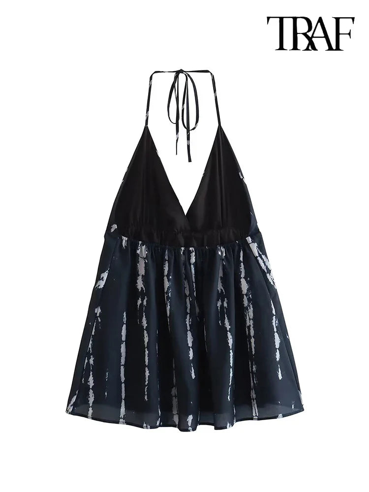 Backless Tie Dye Halter Mini Dress Deep V Neck Beach Party