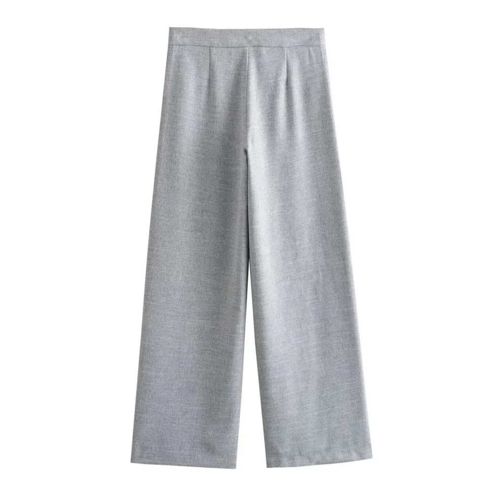 Women's Fashionable Short Double Breasted Casual Suit Coat with High Waist Straight Leg Trouser Set