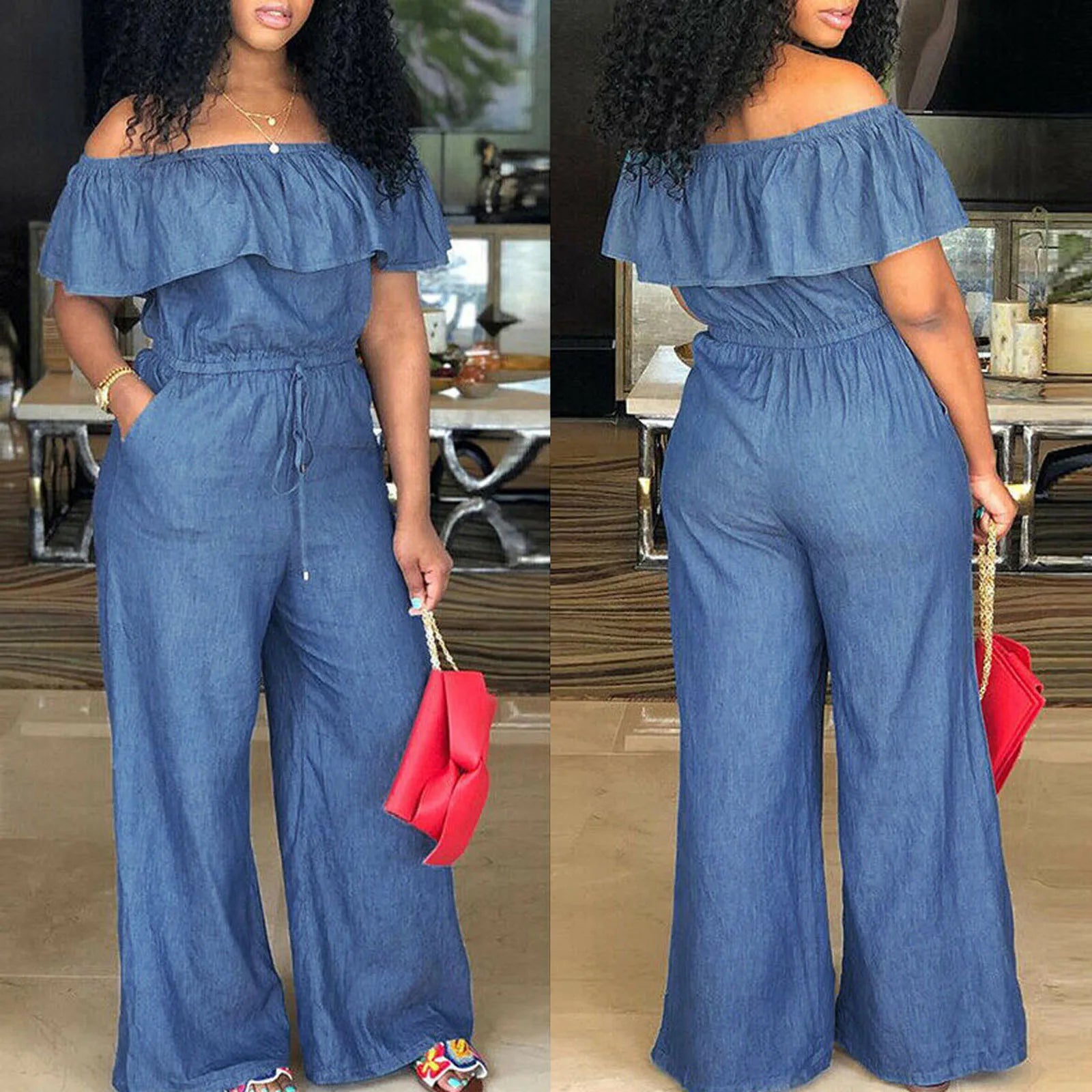 Plus Size 5XL Elegant Off Shoulder Denim Jumpsuit for Women Long Sleeve Ruffle Casual Romper Office Party Wear Solid Color Overalls