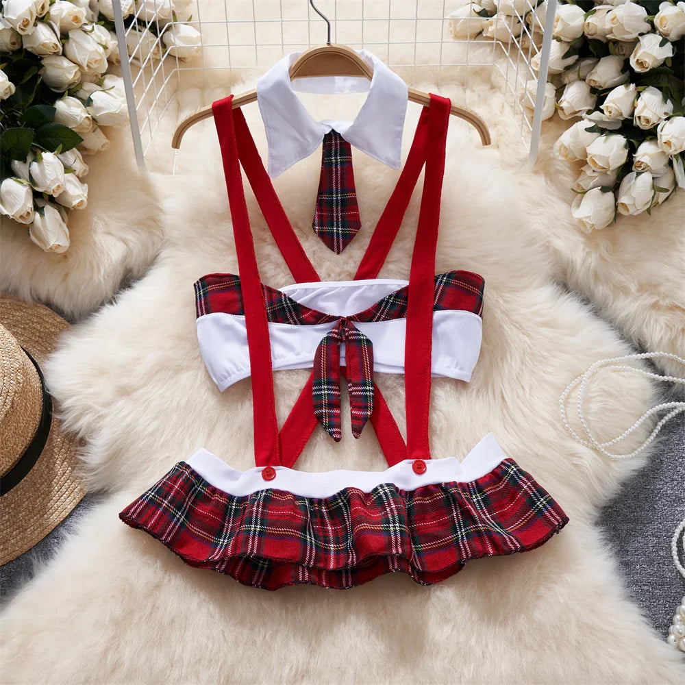 Sexy Student Cosplay Lingerie Set Hollow Cross Strap Crop Top with Mini Pleated Plaid Skirt Women's Uniform Pajama Costume