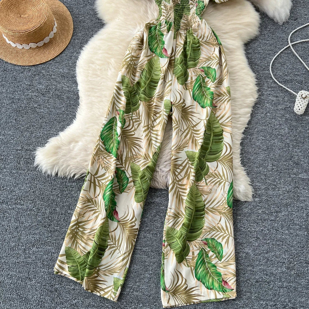 Square Neck Loose Pleated Jumpsuit with Ruffles Backless Design Wide Leg Long Pants Elegant Chic Printed Playsuit for Women