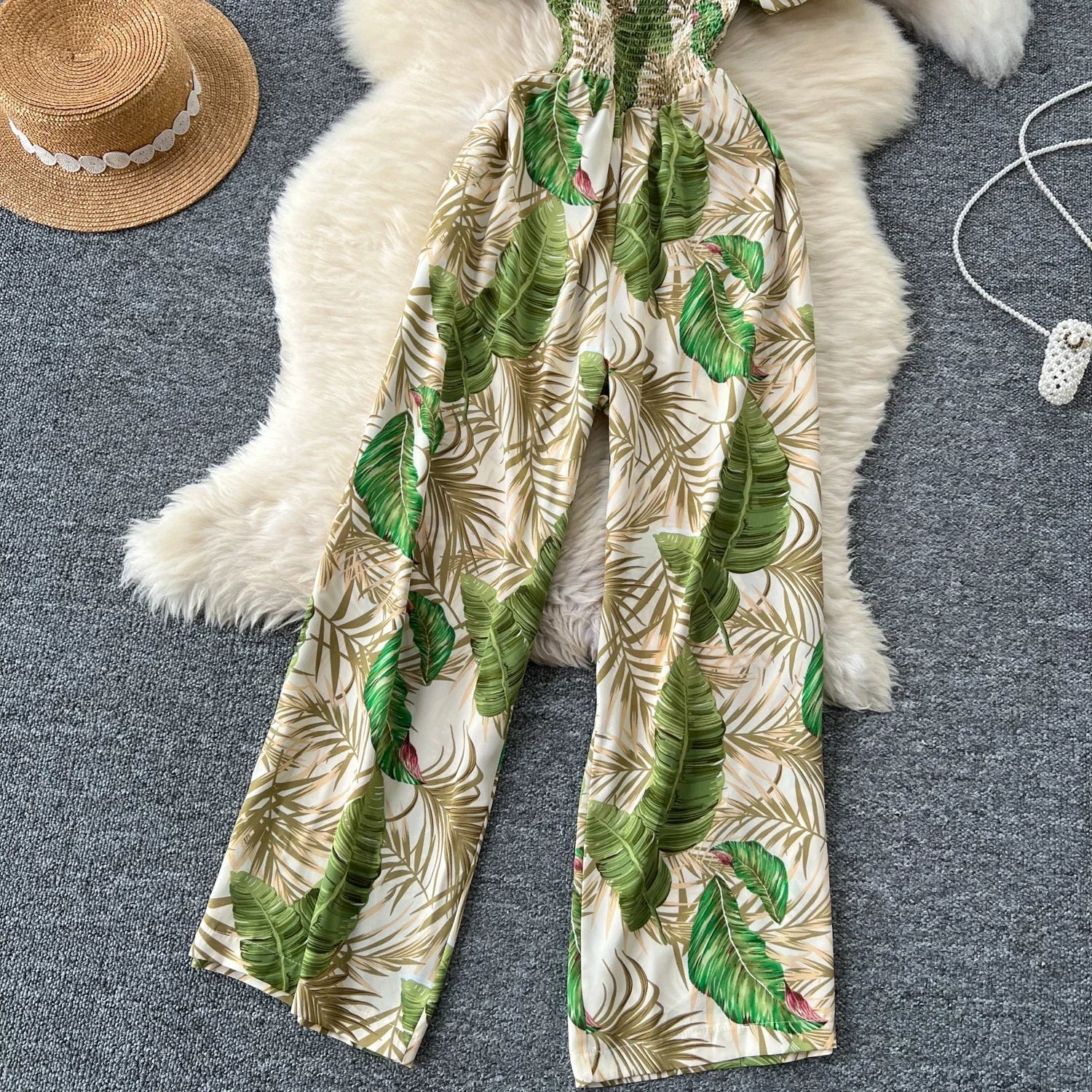 Square Neck Loose Pleated Jumpsuit with Ruffles Backless Design Wide Leg Long Pants Elegant Chic Printed Playsuit for Women