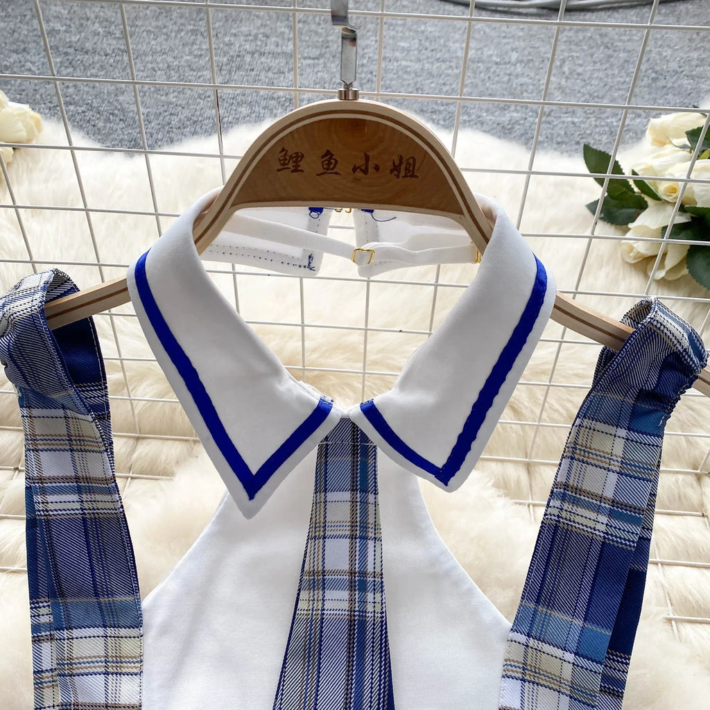 Cute Japanese JK Uniform Checkered Skirt Off Shoulder Dress