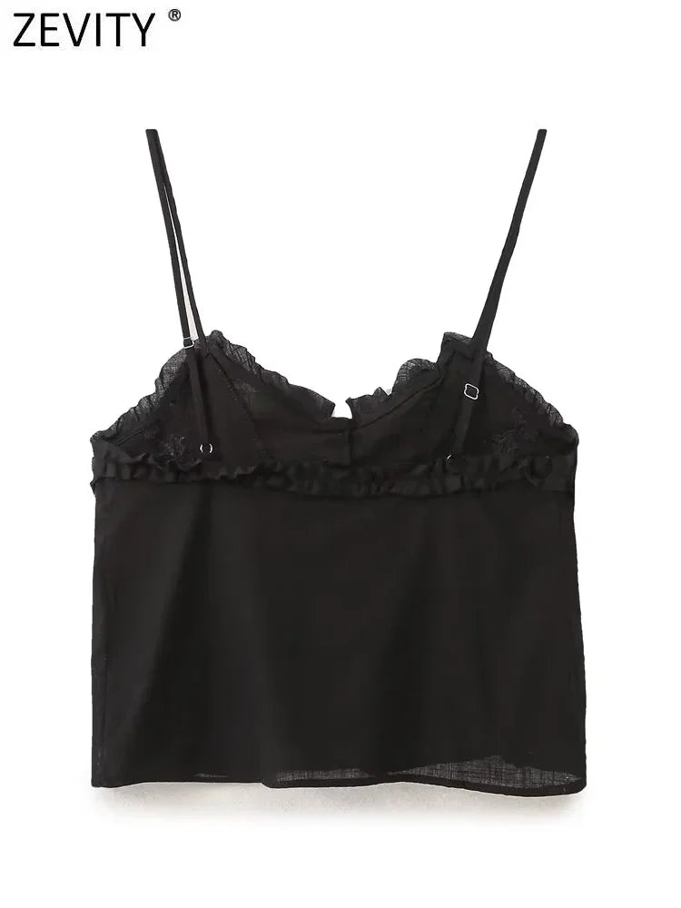 Women's Sexy Lace Floral Embroidery Short Blouse Chic Single Breasted Sling Vest Top