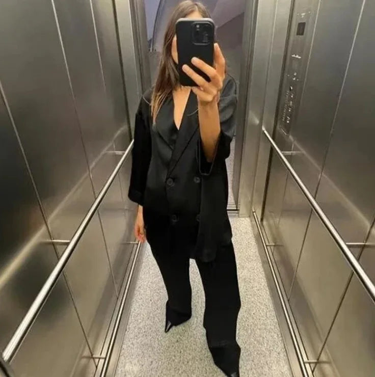 Women's Double-Breasted Blazer and Wide Leg Pants Two Piece Set for Casual Homewear