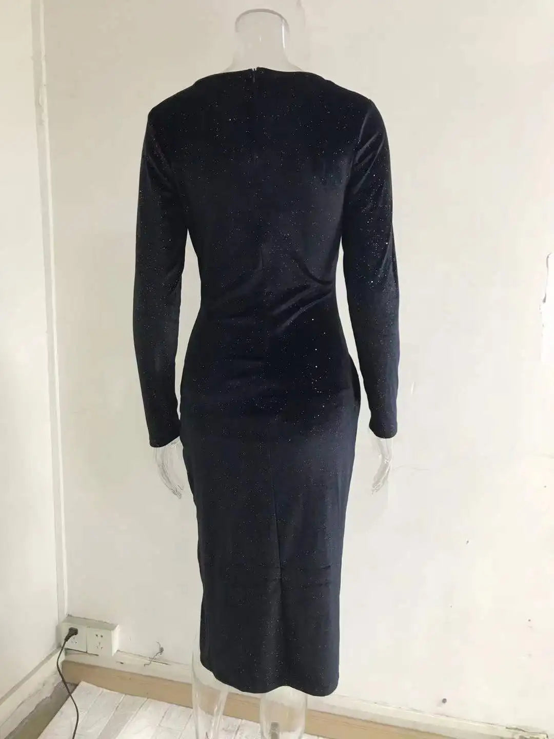 Golden Velvet Nightclub Dress Open Leg Long Sleeve Gown