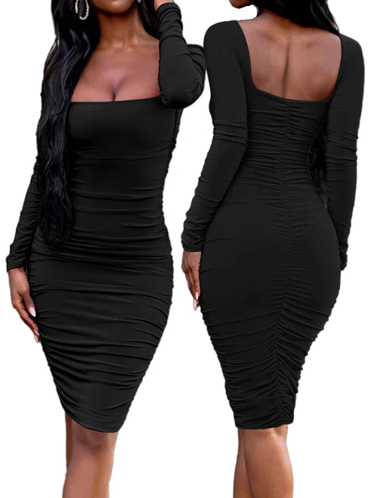 Square Neck Midi Dress for Women Autumn Winter Party Club