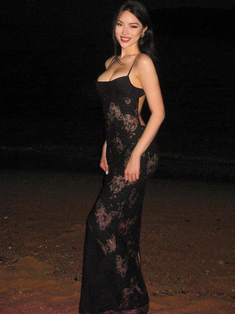 Backless Lace Up Patchwork Cami Maxi Dress Party Wear