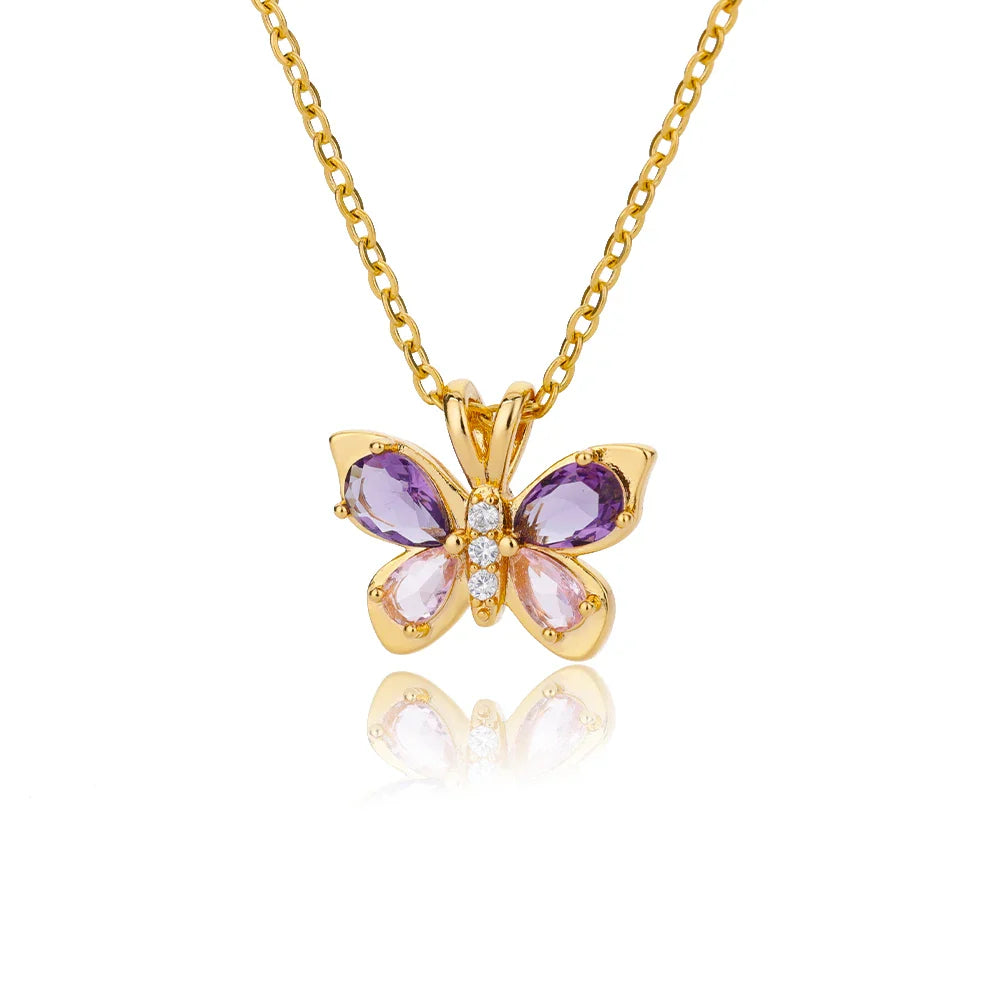 Cute Butterfly Necklace for Women with Purple Zircon Crystal Aesthetic Choker Jewelry